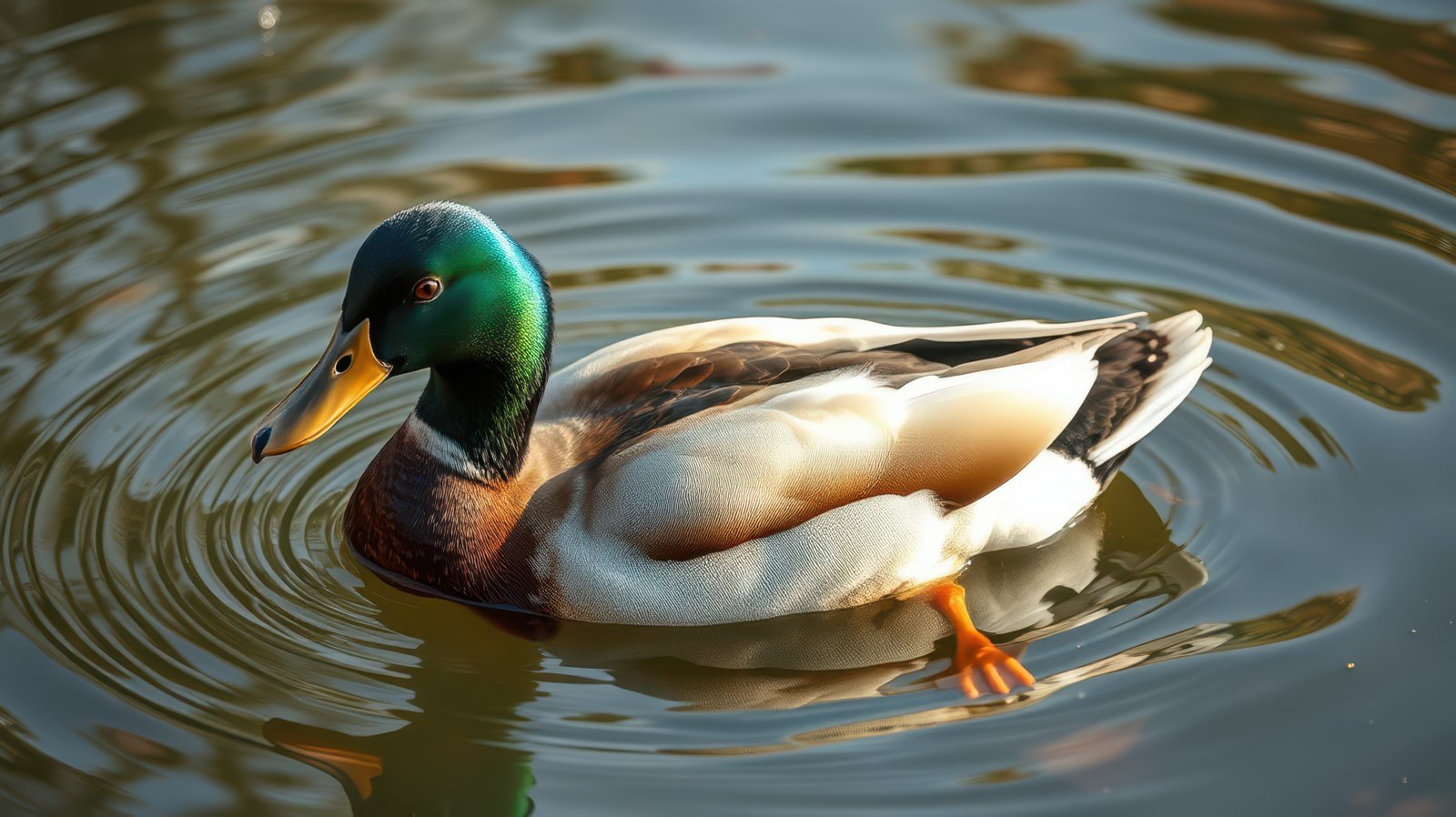 Colorful duck swimming in a tranquil pond surrounded by nature in the early morning light